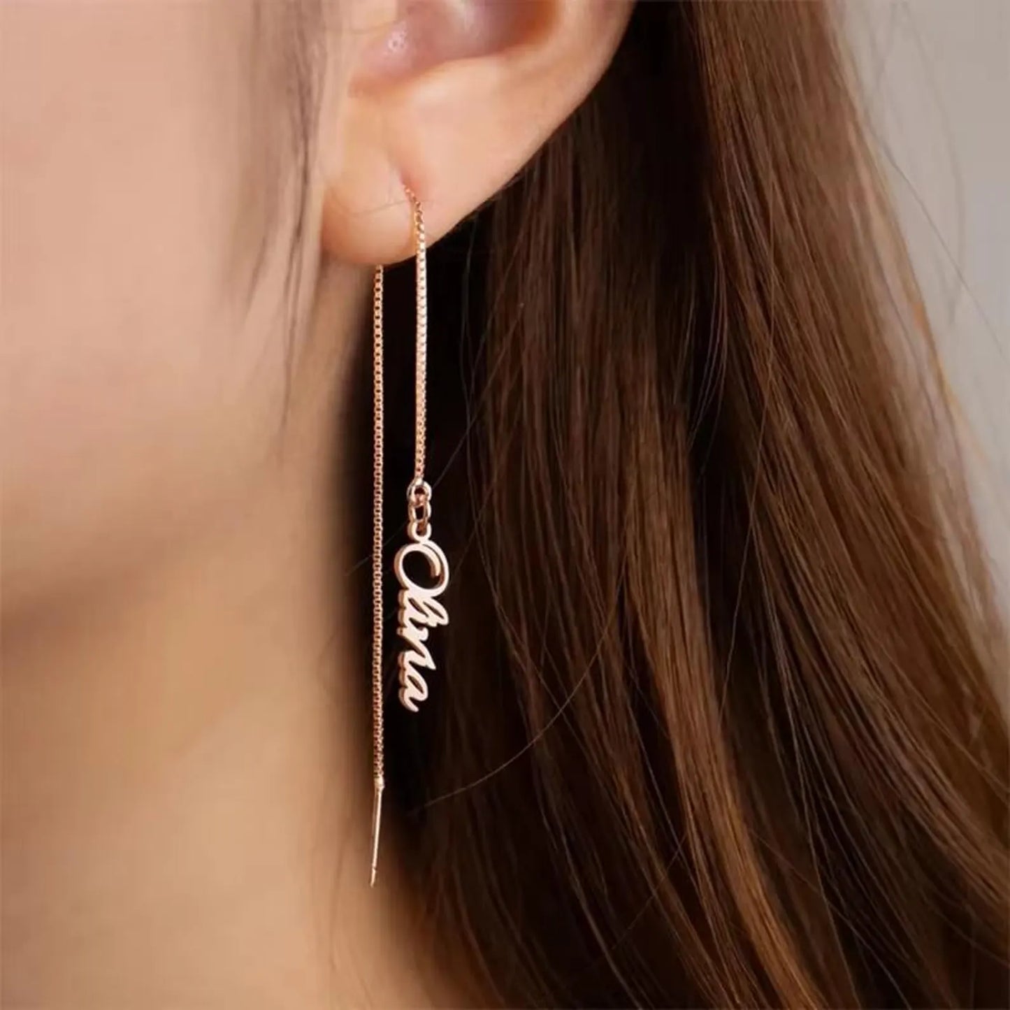 Custom Name Long Drop Earrings for Women, Personalized Stainless Steel Name Ear Threads