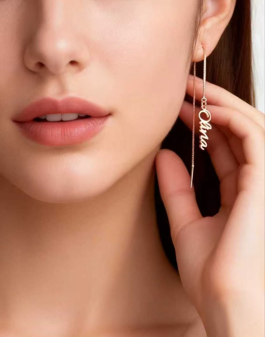 Custom Name Long Drop Earrings for Women, Personalized Stainless Steel Name Ear Threads