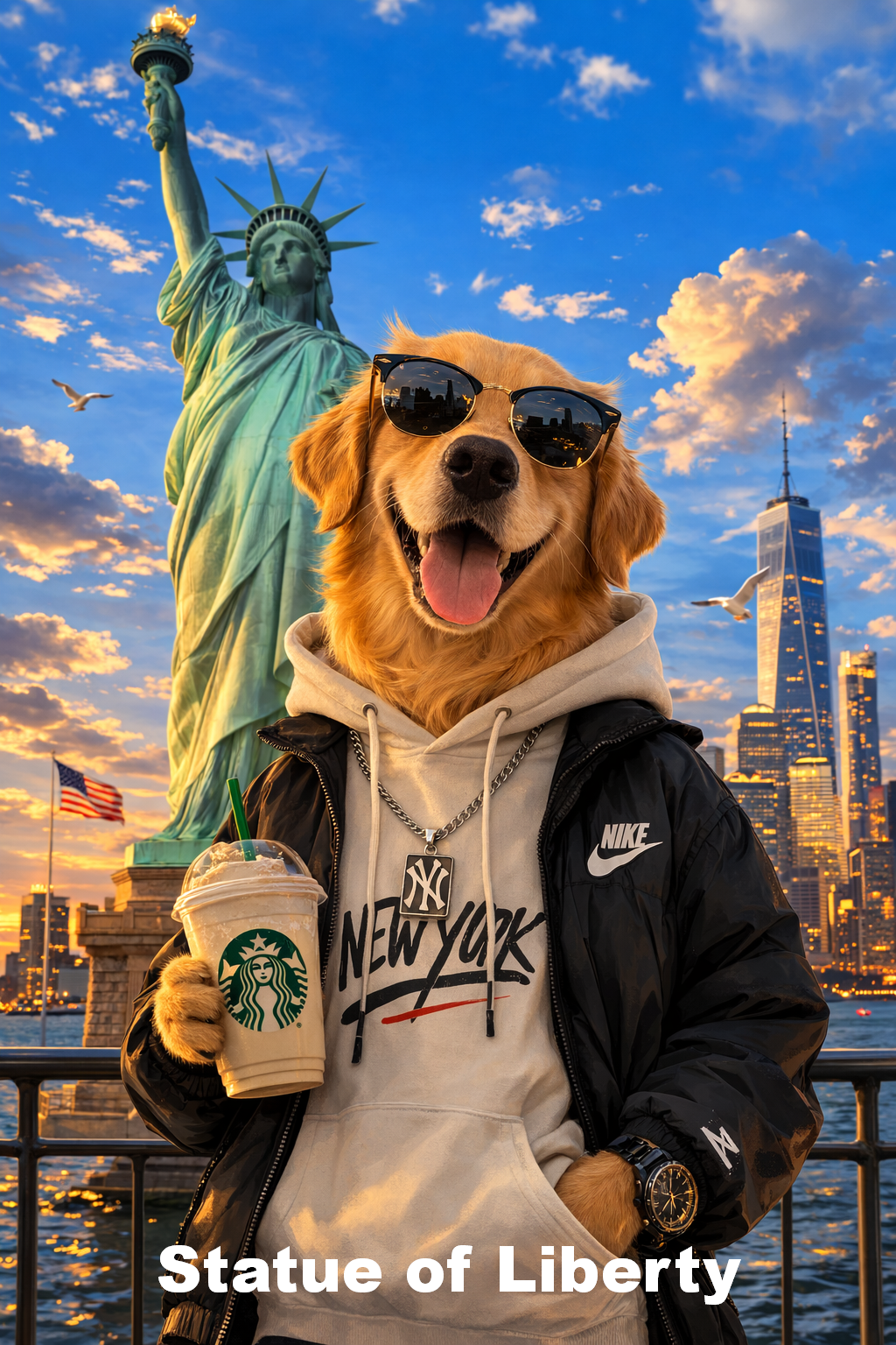 Personalized Pet World Tour Portrait, Pet at Famous Landmarks Painting